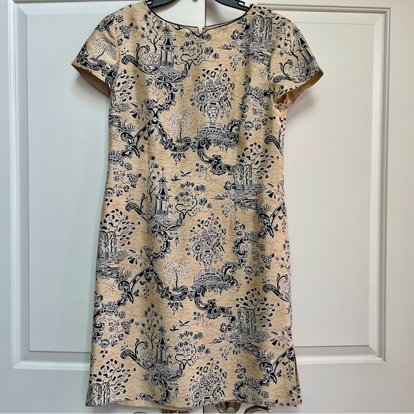 Talbots Vintage 100% Silk Petite Sz 10 Champagne Black Asian Print Sheath Dress - Picture 1 of 14